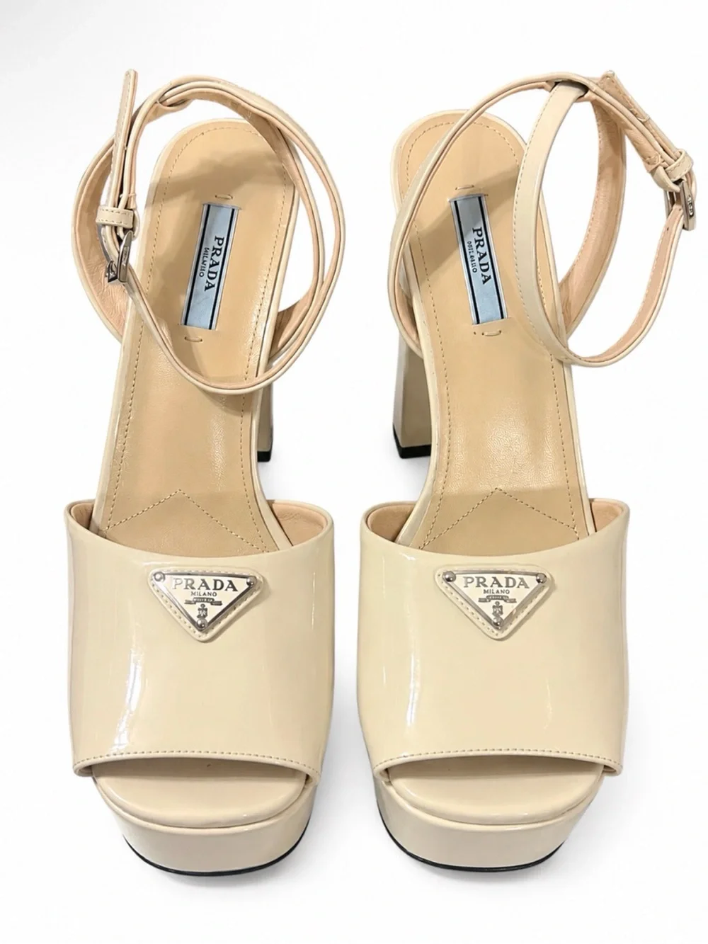 Prada Cream Patent Leather Platform Sandals with Ankle Strap